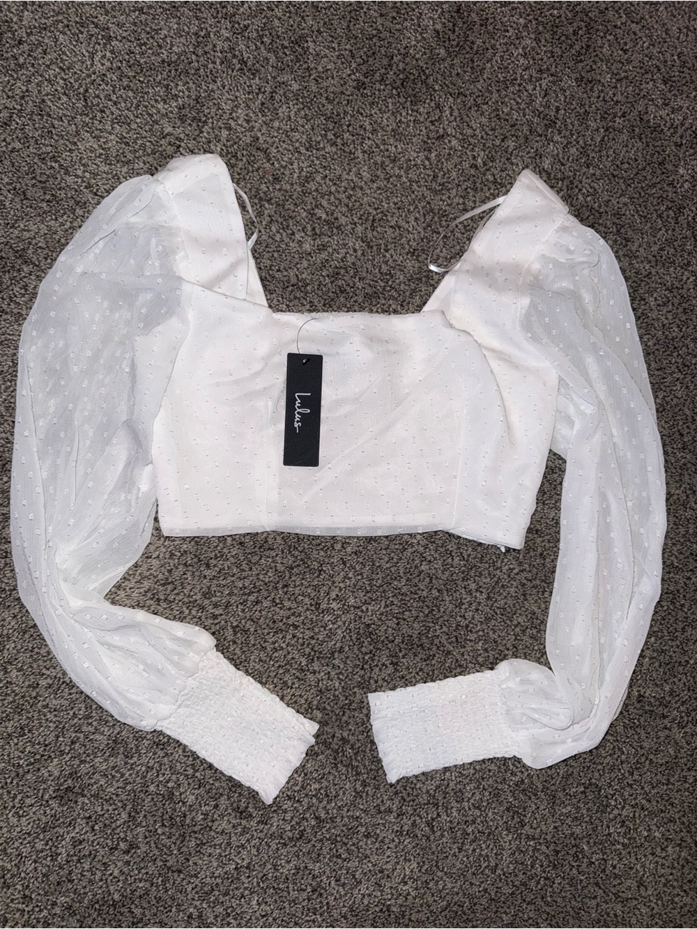 Lulus She's Got It Off White Swiss Dot Long Sleeve Tie-Back Crop Top